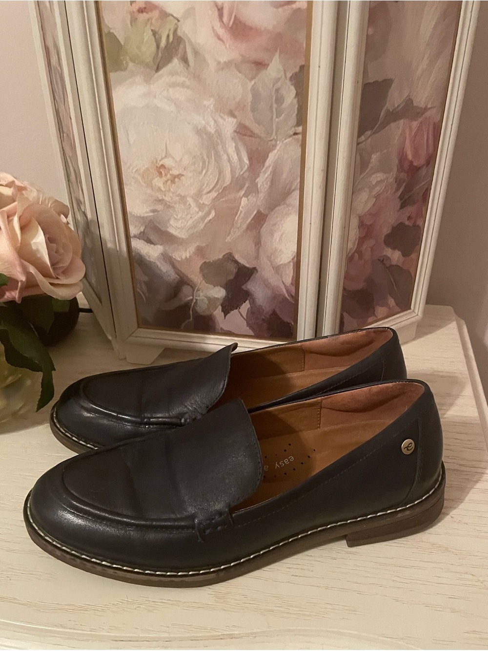 Classic Navy Blue Leather Women's Slip-On Loafers